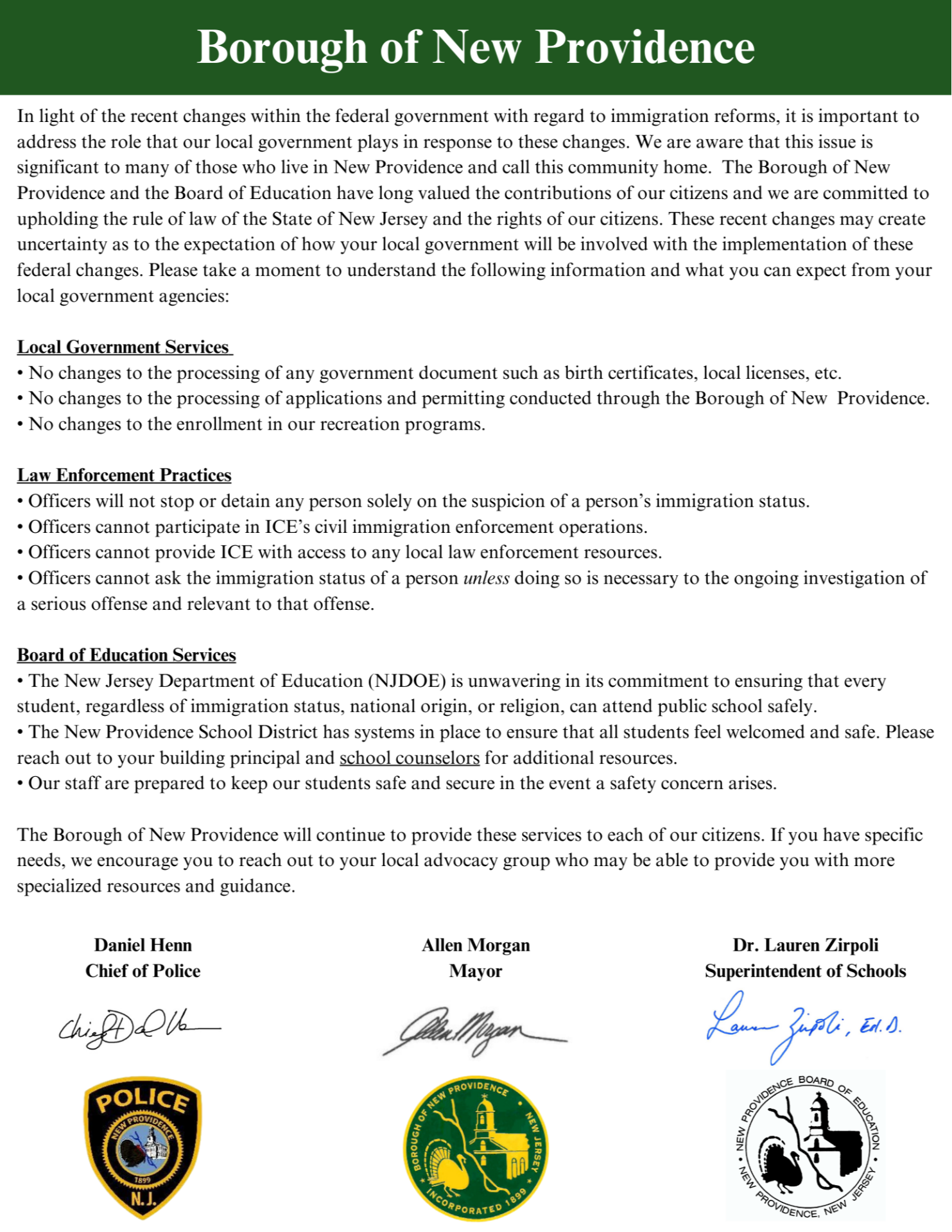Borough of New Providence Joint Letter - English