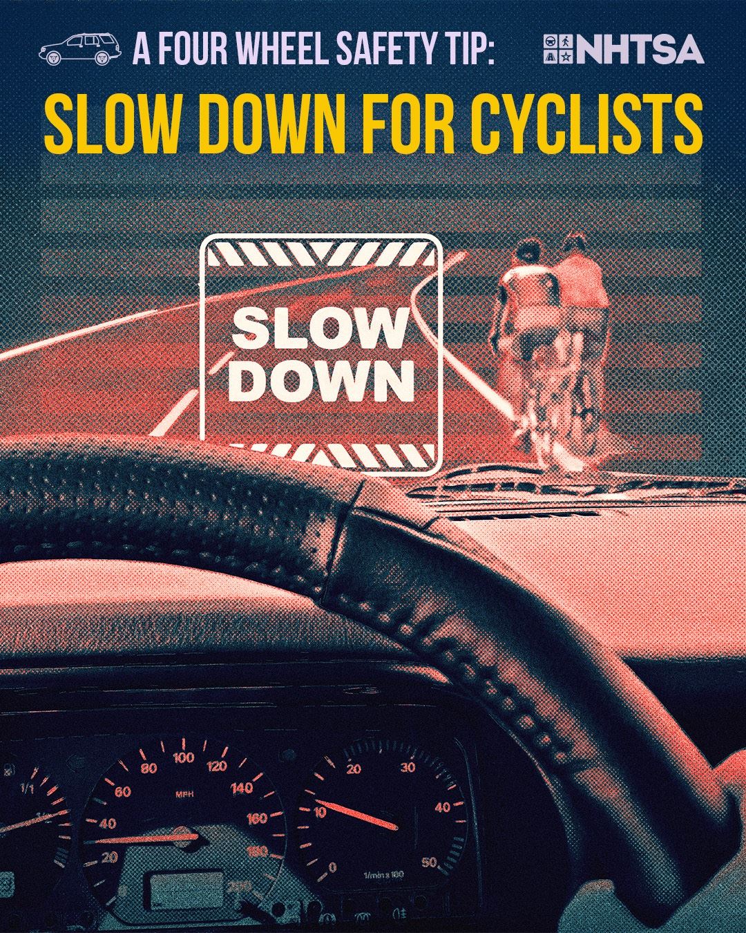 Driver's view over the steering wheel and dashboard with cyclists in front and a sign to s