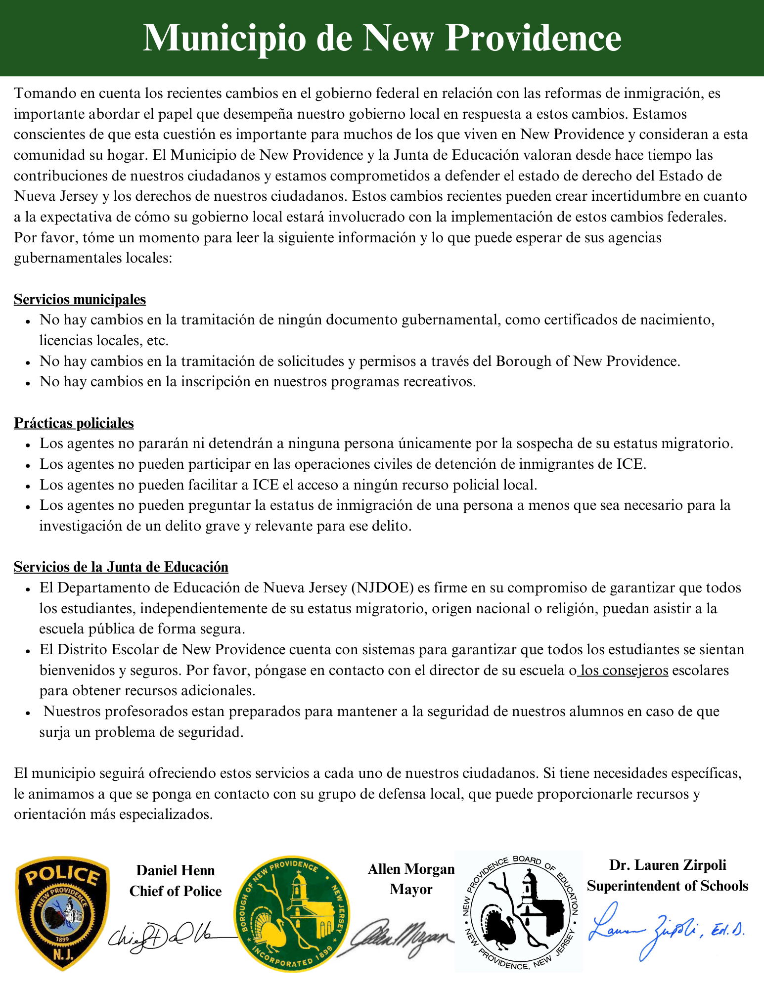 Carta del municipio de New Providence